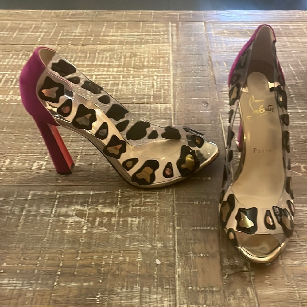 Christian Louboutin “Parsefal” 100 PVC Patent open toe pumps